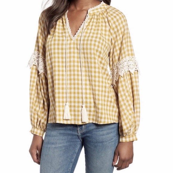 🔴 Mustard Yellow Gingham Plaid Boho Peasant Top - Picture 2 of 8